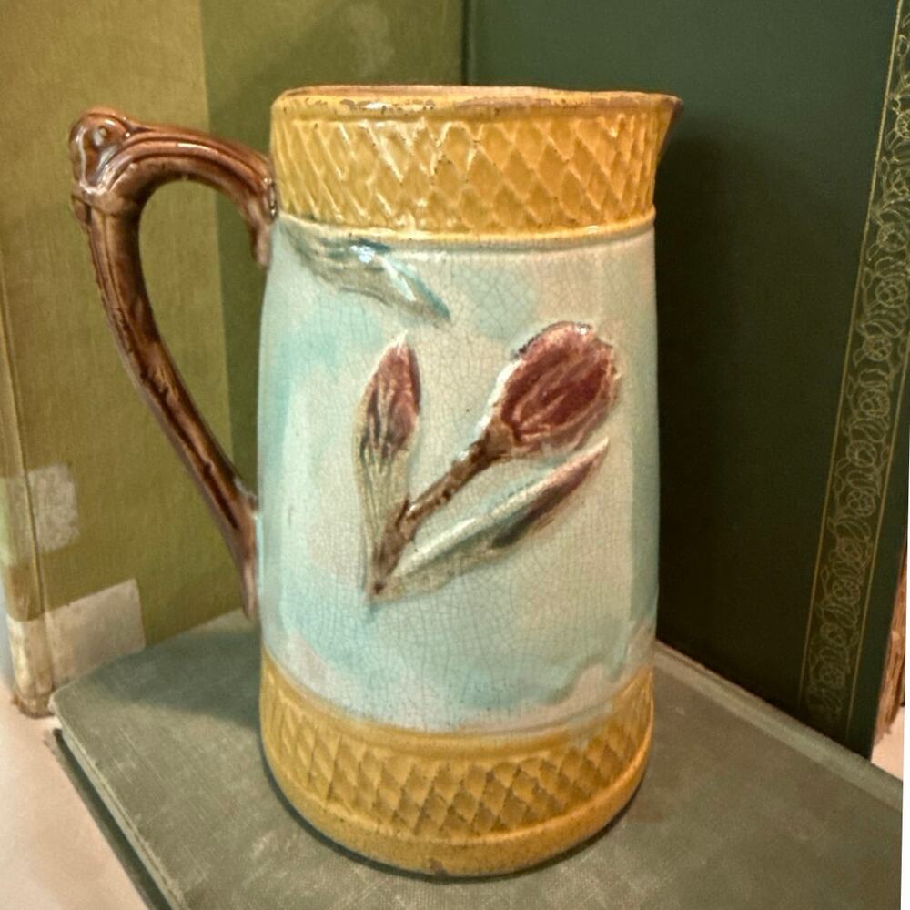 Antique English Majolica Pitcher • Relief Floral • Scroll Handle • c. 1890–1920 - Picture 2 of 14